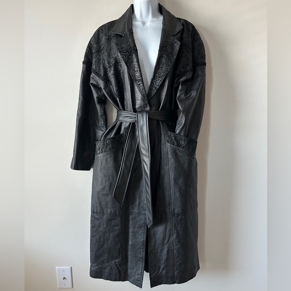 Vintage Black Contrasting Paisley Leather Panels Trench Jacket By: Studio C Sz L - Picture 1 of 12